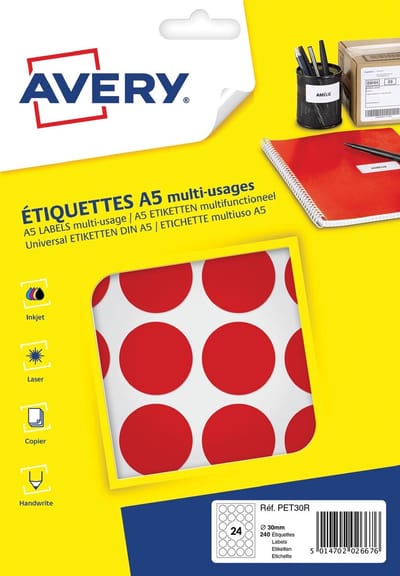 Etiket Avery A5 30mm rond     blister 240st rood