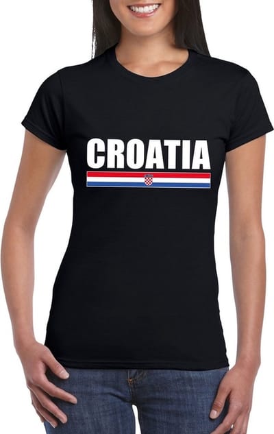 Kroatie supporters kleding t-shirt - voor dames - zwart - met vlag kleuren print - korte mouwen S