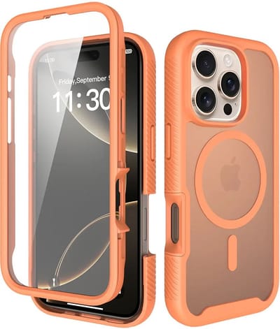 Hoesje met Ingebouwde Screenprotector Geschikt voor Apple iPhone 16 Pro - Compatibel met MagSafe / Qi2 - Full Protect - Schokbestendige Beschermhoes - Case Matte Oranje