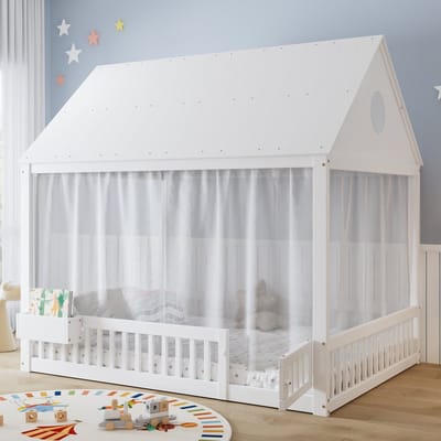 MODENUIT Kinderbed 140x200 cm – Met Raam- en Dakdetails en Witte Gordijnen – Klein Opbergvak – Zonder matras – Wit