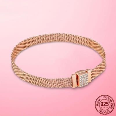 Reflexions Mesh Armband 925 Sterling Zilver Goud Kleur Sprankelende Sluiting Reflexions Armband Sterling Zilver Sieraden Maken Cadeau 18cm beige
