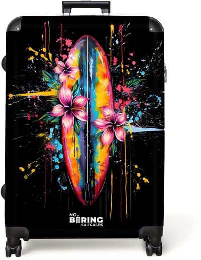 NoBoringSuitcases.com® - Koffer groot - Reiskoffer lichtgewicht - Kleurrijk surfbord met bloemen - Rolkoffer met 4 wielen - Grote trolley XL - 98 liter bagage