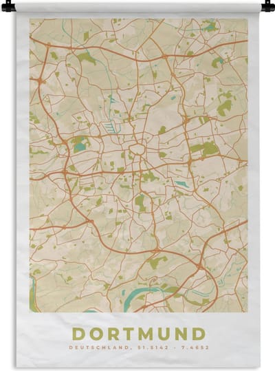 Wandkleed - Wanddoek - Plattegrond - Dortmund - Stadskaart - Vintage - Kaart - 120x180 cm - Wandtapijt