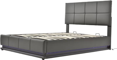 Gestoffeerd bed van 140x200 cm met ledverlichting en hydraulisch liftsysteem, bedframe, lattenbodem, kunstlederen sprei, tweepersoonsbed, bed voor volwassenen/tieners, grijs