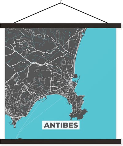 Posterhanger incl. Poster 60x60 cm - Schoolplaat - Antibes - Frankrijk - Plattegrond - Stadskaart - Kaart - Textielposter - Zwarte latten - Stadskaart