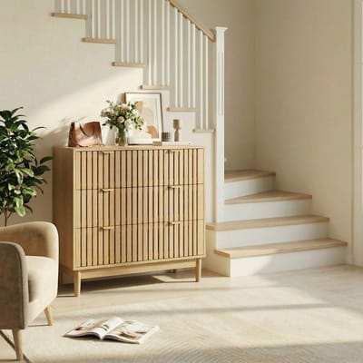Pugsdrly Moderne commode in middeleeuwse landhuisstijl met drie lades, kaptafel-opbergkast, houten kast, geschikt voor woonkamer, slaapkamer, hal, eikenkleur.