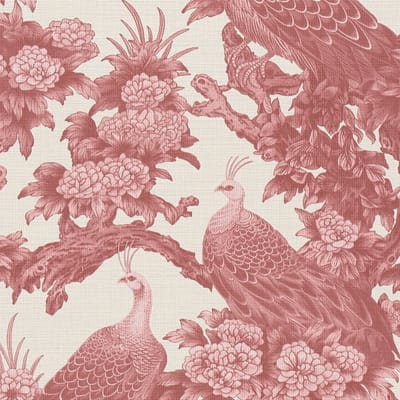Vogels behang Profhome 399824-GU vliesbehang hardvinyl warmdruk in reliëf licht gestructureerd met bloemen patroon mat crème rood roze 5,33 m2