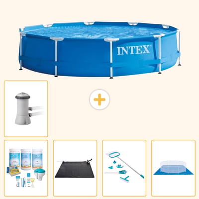 Intex Rond Frame Zwembad - 366 x 76 cm - Blauw - Inclusief Onderhoudspakket - Solar Mat - Schoonmaakset - Grondzeil - Zwembadfilterpomp - 6-delig