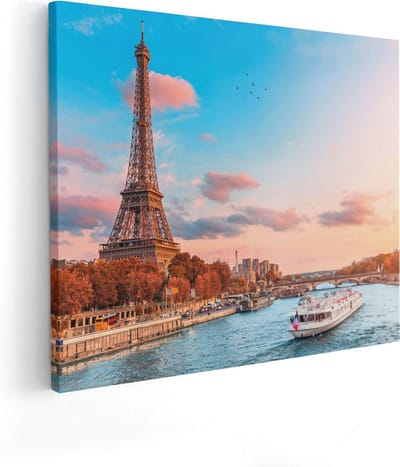 Artaza Canvas Schilderij Parijs - 50x40 cm - Wanddecoratie Eiffeltoren - Muurdecoratie Boot - Kamer Accessoires Frankrijk