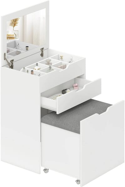 Roossentials kaptafel - Make-up tafel - Inklapbare spiegel - Met lade - 7 compartimenten - Verborgen gewatteerde kruk met opbergruimte - Wit