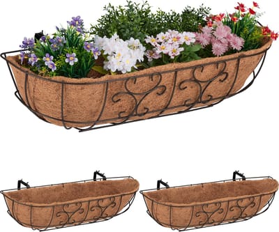 balkonbak kokos - set van 3 - hangend - 21 x 76 x 22 cm - ijzer - kokosvezels