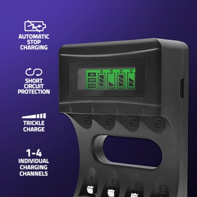 Qoltec Ni-MH Type R03 AAA R6 AA batterijlader |   LCD-scherm |   USB-kabel