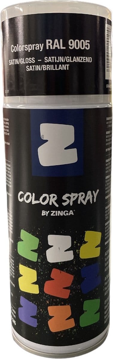 Zinga Color Spray verf - coating - RAL 9005 Zwart 400 ml satijn, toepasbaar op gegalvaniseerde en diverse andere ondergronden