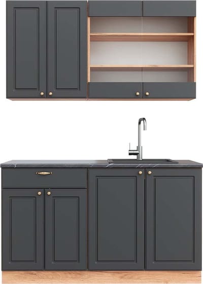 Vicco Fame-Line Eenpersoonskeuken – 140 cm, WB Antraciet Antraciet Landhuis/Goud Kraft Eik