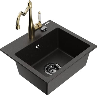 Mexen Milo granieten gootsteen met 1 kom en Carla keukenkraan, zwart/goud metallic - 6505-75-670700-50-B
