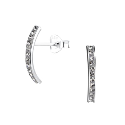 Zilver curved 24 zwart kristal oorstekers | crystal ear studs | zilveren oorbellen dames | Zilverana | sieraden vrouw | Sterling 925 Silver