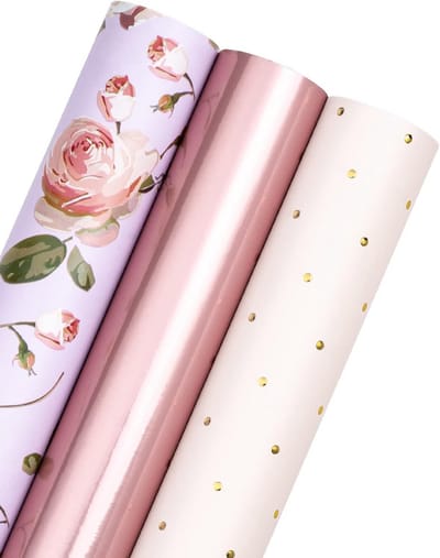 RUSPEPA Gift Wrapping Wrap, Mini Roll, 43.2 cm x 3.05 m Roll, 3 Different Designs, Pink and Rose Gold, Perfect for Valentine's Day, Mother's Day