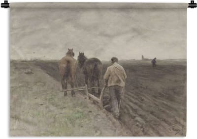 Wandkleed Anton Mauve - Ploegende boer - Schilderij van Anton Mauve Wandkleed katoen 60x45 cm - Wandtapijt met foto
