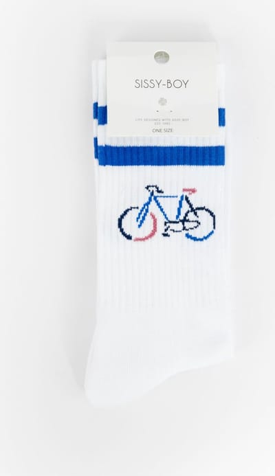 Sissy-Boy - Witte sportsokken met blauwe strepen en fiets