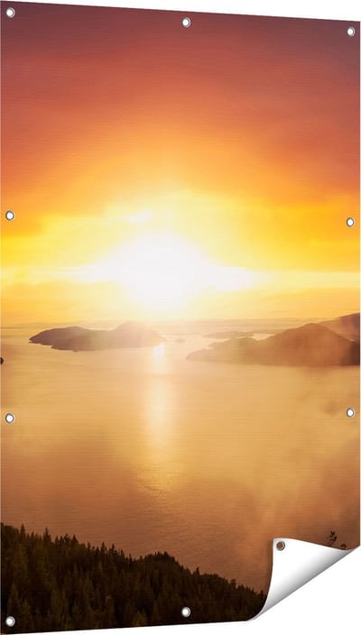 Gards Tuinposter Zonsondergang in de Bergen met Wolken - 80x120 cm - Tuindoek - Tuindecoratie - Wanddecoratie buiten - Tuinschilderij