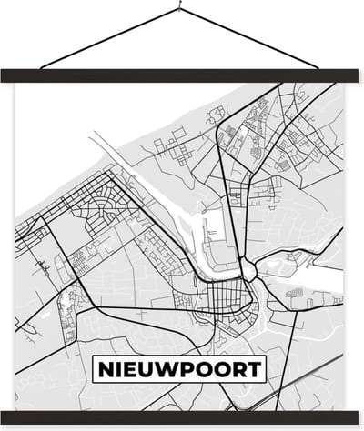 Posterhanger incl. Poster 60x60 cm - Schoolplaat - Stadskaart – Zwart Wit - Kaart – Nieuwpoort – België – Plattegrond - Textielposter - Zwarte latten - Stadskaart