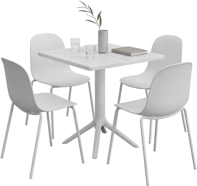 CLP Nerra tuinmeubelset - 4 stapelstoelen - vierkante tafel - weerbestendige balkonset - voor terras en tuin - wit