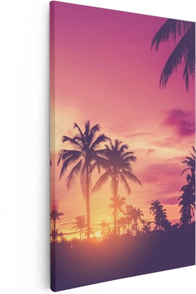 Artaza Canvas Schilderij Zonsondergang Strand - 20x30 cm - Klein - Wanddecoratie Palmboom - Muurdecoratie Zee - Kamer Accessoires