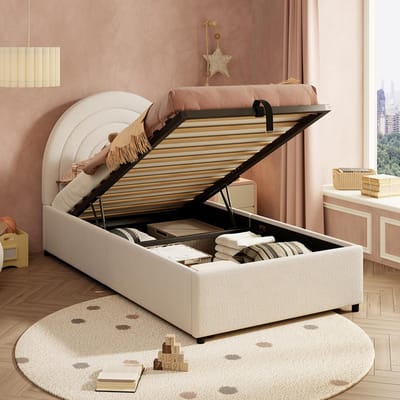 Gutent-Gestoffeerd bed 90x200 cm- kinderbed- eenpersoonsbed met lattenbodem en hoofdeinde- jeugdbed- houten latten- beige