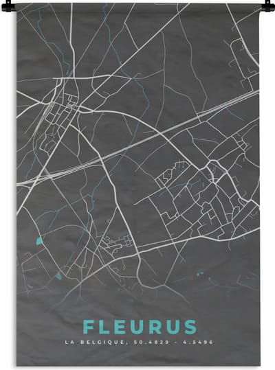 Wandkleed - Wanddoek - Plattegrond – Fleurus – Blauw – Stadskaart - Kaart - België - 120x180 cm - Wandtapijt