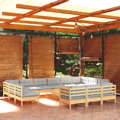 vidaXL - 14-delige - Loungeset - met - grijze - kussens - grenenhout