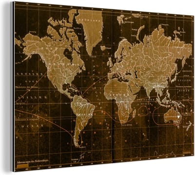 Wanddecoratie Metaal - Aluminium Schilderij Industrieel - Klassieke wereldkaart in het bruin - 120x80 cm - Dibond - Foto op aluminium - Industriële muurdecoratie - Voor de woonkamer/slaapkamer