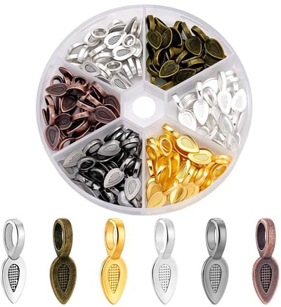 PandaHall 120 stuks lijm op platte pad bails 6-kleuren legering ijsknijpbails blad vorm knijpclip bail sluiting hanger charms connector hanger