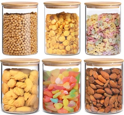 voedselopslagpotten met luchtdichte bamboe deksels, transparante keukencontainers voor pasta, koffie, suiker, snoep, koekjes, snacks. (Rond, 55 oz, 5+6 inch) set van 3