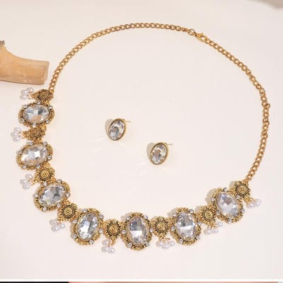 Vintage Niche, Mode, Waterdruppel Strass Hanger, Ketting, Oorbellen, Oorknopjes, Geschikt voor Vrouwen beige