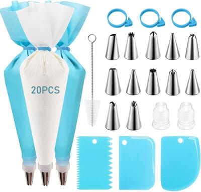 Spuitzak Set - 43 Delig - 12 Roestvrijstalen Mondjes - Herbruikbare TPU Zakken - Voor Taart/Cupcake/Kerstbakken - Met Koppelstukken + Messen + Borstel - Voor Thuisbakkers - Blauw - Standaardmaat - 43 Delen
