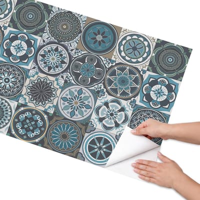 Coloray Meubel Wrap Folie - Blauw Meubelfolie - 65x130 cm - Meubelfolie Zelfklevend Mandala-tegels - Wrapfolie Keuken - Geometrische Meubelfolie - Decoratiefolie - Tafeldecoratie - Achtergronden en patronen