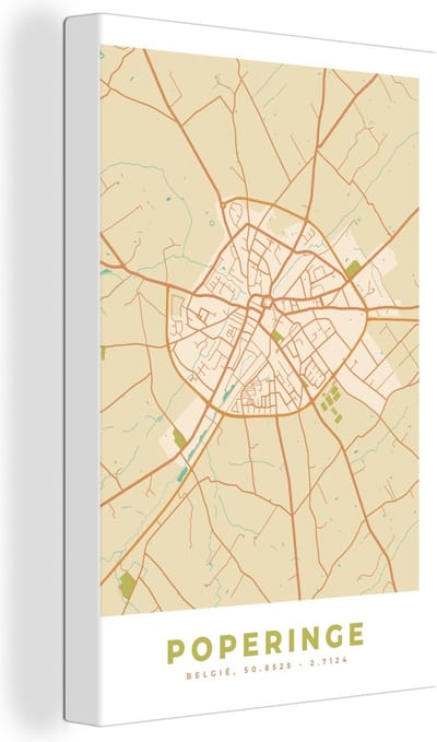 Canvas Schilderij Vintage - Kaart - Plattegrond - Poperinge - Stadskaart - 20x30 cm - Wanddecoratie