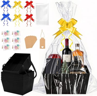 Set van 6 Lege Cadeaumanden Groot met Doorzichtige Ribbons en Wenskaart voor Verjaardag, Bruiloft en Feestdagen (Zwart, 6 Stuks)