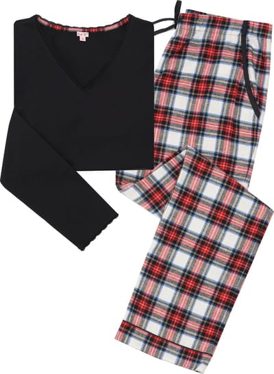 La-V pyjamasets voor dames met geruite flanel broek en top met kant zwart/rood S