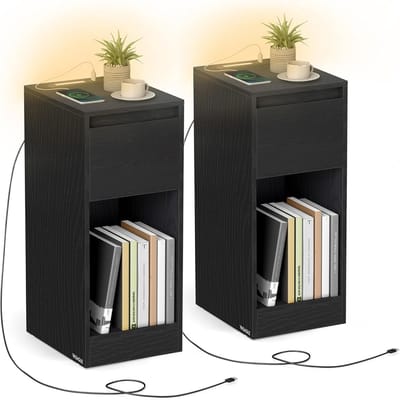 FurnStar - Nachtkastje set van 2 - Slank bijzettafeltje met LED-verlichting - USB-A & USB-C poort - 1 lade & open vak - Voor slaapkamer & woonkamer - 40 x 30 x 61 cm - Ebbenhout zwart