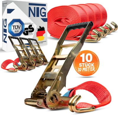 Spanriemen Set - Sjorbanden Ratelbanden - Veilig Transport - Lange Hendel Ratel - 10 Meter 5 Ton - Rood
