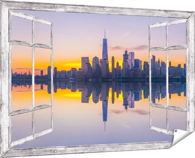 Gards Tuinposter Doorkijk New York Skyline bij Zonsopgang - 180x120 cm - Tuindoek - Tuindecoratie - Wanddecoratie buiten - Tuinschilderij