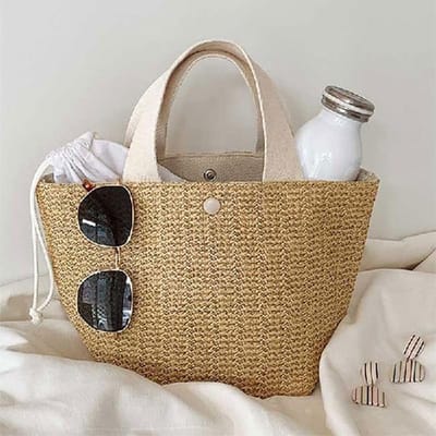 Sac à Main en Paille Tressée pour Femmes Nouveau Design Coréen Style Ins Sac de Plage Vacances d'Été Style Apparence Pastorale Sac Tricoté Polyvalent beige