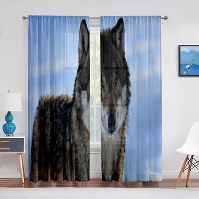 Wolf Bosdier Galaxy Planeet Maan Sterrenhemel Blauwe Lucht Tule Voile Gordijnen voor Slaapkamerraam Transparant Gordijn Woonkamer Draperieën 1 PCS W100XH250cm&Grommet Top