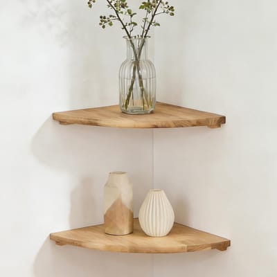 2 stuks hoekplanken, hangend, hangrek, massief hout, ronde uiteinden, wandrek, vintage landhuisstijl, rek voor planten, slaapkamer, woonkamer, keuken, originele houtkleur