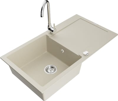 Mexen Leo granieten spoelbak 1-komorige met afdruiprek en keukenmengkraan Telma, beige - 6501-69-670200-00