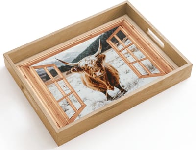 Dienblad hout 40x30 cm - Schootdienblad - Schotse Hooglander - Landschap - Landelijk - Bergen - Winter - Doorkijk - Borrelplank rechthoek - Plateau dienbladen