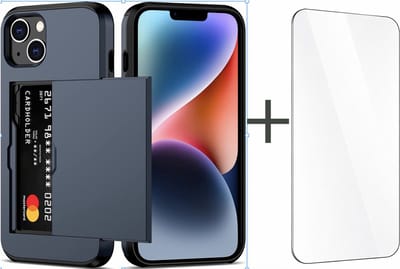 YPCd Hardcase Pasjeshouder Hoesje – Geschikt voor Apple iPhone 15 – Shockproof Backcover met Verborgen Kaartvak – Inclusief Glazen Screenprotector – Donkerblauw