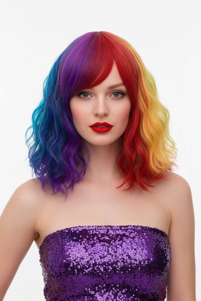 KIMU® Luxe Regenboog Korte Pruik Schouderlengte - Schuine Pony Krullen - Unicorn Eenhoorn Fantasy Blauw Groen Geel Rood Festival