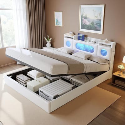 Gestoffeerd Bed - Opbergbed - Slaapkamer Inrichten - Met LED en USB - 140x200 cm - Wit